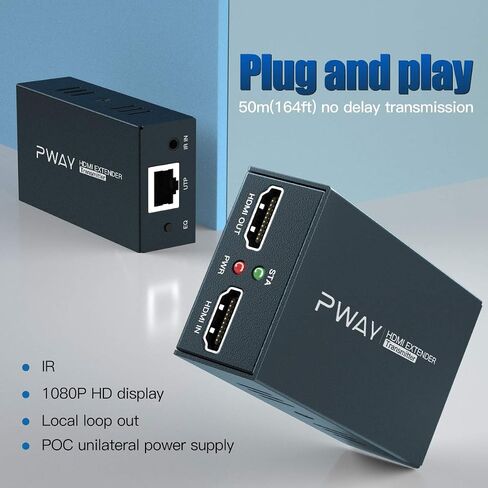 PWAYTEK HDMI عبر موسع إيثرنت، موسع HDMI عبر Cat5e/6/7 واحد 196 قدمًا (60 مترًا)، 1080 بكسل عند 60 هرتز، عالي الدقة ثلاثي الأبعاد، حلقة محلية للخارج، EDID، مع جهاز إرسال واستقبال وظيفة POC للتحكم في الأشعة تحت الحمراء in Kuwait