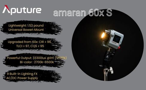 Aputure Amaran 60X S Bi Color LED Video Light 2700-6500K، ترقية TLCI 97+ CRI 96+ SSI 87+، 9 تأثيرات إضاءة، تحكم في التطبيق، مصدر طاقة DC/AC، للصورة والاستوديو والمقابلة والتصوير in Kuwait