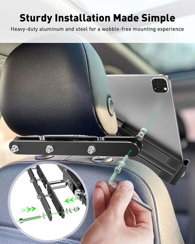 AboveTEK Tablet Holder for Car Headrest- Anti-Theft iPad Car Holder Back Seat, Secure Locking System with 360° Swivel, Universal for 4-11" Tablets, Durable Aluminum Mount for Travel & Business, Black in Saudi Arabia
