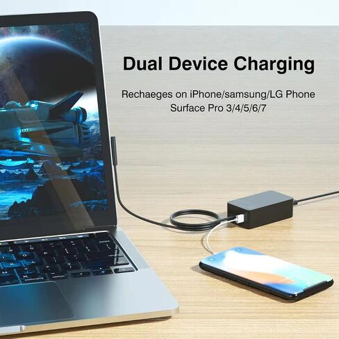 [إصدار مطور] شاحن Surface Pro بقدرة 65 وات لجهاز Surface Pro 3/4/5/6/7/8/9/X، متوافق مع كل من الكمبيوتر المحمول/الكمبيوتر اللوحي Microsoft Surface Book، يعمل مع 65 وات و44 وات و36 وات و24 وات (سلك 6.6 قدم) in Kuwait