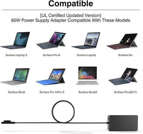 [إصدار مطور] شاحن Surface Pro بقدرة 65 وات لجهاز Surface Pro 3/4/5/6/7/8/9/X، متوافق مع كل من الكمبيوتر المحمول/الكمبيوتر اللوحي Microsoft Surface Book، يعمل مع 65 وات و44 وات و36 وات و24 وات (سلك 6.6 قدم) in Kuwait