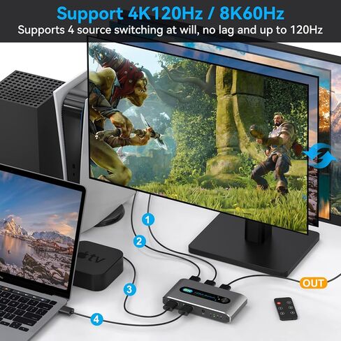 HDMI 2.1 Switch 4k 120hz 2 in 1 Out 8K 60hz hdmi Switcher مع سلك وحدة تحكم سطح المكتب يدعم HDCP 2.3 Ultra HD 3D لأجهزة Xbox PS4 PS5 UHD TV Monitor Projector in Kuwait