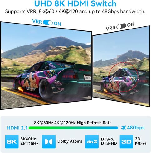HDMI 2.1 Switch 4k 120hz 2 in 1 Out 8K 60hz hdmi Switcher مع سلك وحدة تحكم سطح المكتب يدعم HDCP 2.3 Ultra HD 3D لأجهزة Xbox PS4 PS5 UHD TV Monitor Projector in Kuwait