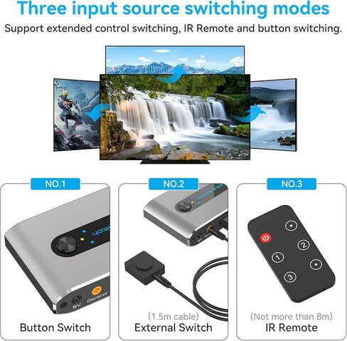 HDMI 2.1 Switch 4k 120hz 2 in 1 Out 8K 60hz hdmi Switcher مع سلك وحدة تحكم سطح المكتب يدعم HDCP 2.3 Ultra HD 3D لأجهزة Xbox PS4 PS5 UHD TV Monitor Projector in Kuwait