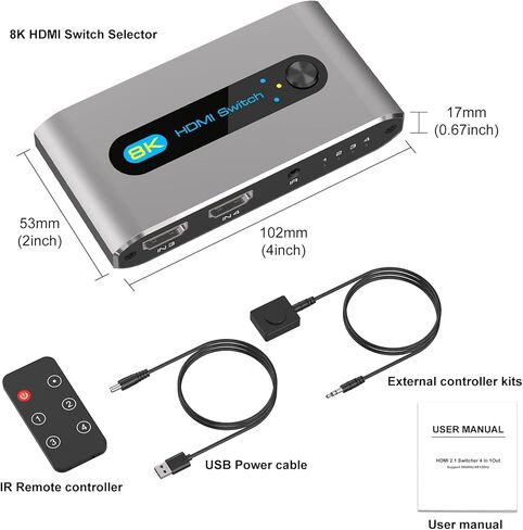 HDMI 2.1 Switch 4k 120hz 2 in 1 Out 8K 60hz hdmi Switcher مع سلك وحدة تحكم سطح المكتب يدعم HDCP 2.3 Ultra HD 3D لأجهزة Xbox PS4 PS5 UHD TV Monitor Projector in Kuwait