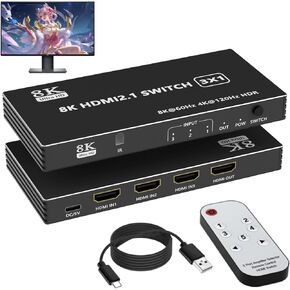 8K HDMI 2.1 Switch 3 in 1 Out، HDMI Switch Splitter 4K @ 120 هرتز / 8K @ 60 هرتز مع جهاز تحكم عن بعد بالأشعة تحت الحمراء، محدد محول HDMI لأجهزة Xbox PS4 PC TV in Kuwait