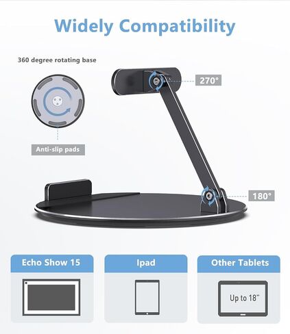 Almoz Swivel and Tilt Stand for Echo Show 15, Aluminum Stand for Show 15.6" Smart Display and Up to 18" iPad/Tablets, with 360 Degree Rotating Base, Viewing Angle Adjustable, No Need Mounting (Black) in Kuwait