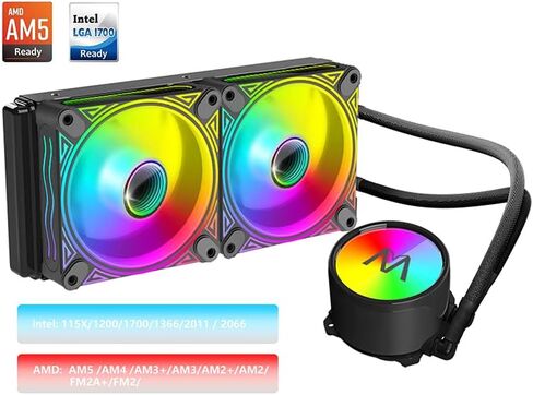 مبرد مياه لوحدة المعالجة المركزية 240 ARGB 5 فولت 3 دبابيس موصل 240 ملم مروحة RGB قابلة للعنونة 240 ملم، مبرد AIO انتل 115X/1200/1700/1366/2011/2066، AMD AM5 / AM4 /AM3+/AM3/AM2+/AM2+/FM2/ FM2/ in Kuwait