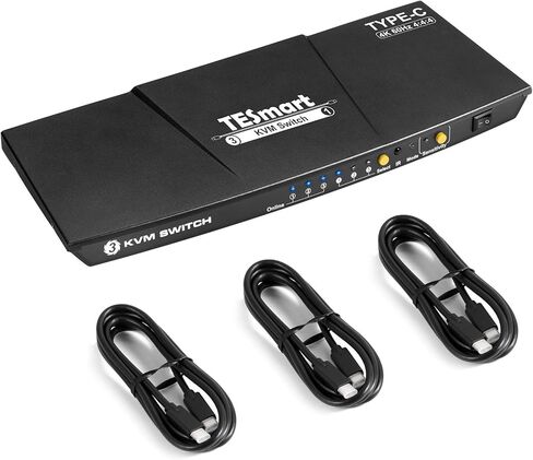 محول TESmart USB-C KVM 3 في 1، لـ 3 أجهزة كمبيوتر وشاشة واحدة، 4k@60 هرتز، طاقة إمداد للكمبيوتر المحمول المتصل بالمنفذ 1، نوع C KVM in Kuwait