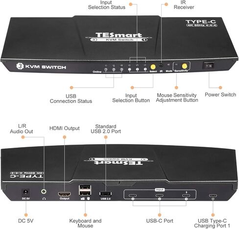 محول TESmart USB-C KVM 3 في 1، لـ 3 أجهزة كمبيوتر وشاشة واحدة، 4k@60 هرتز، طاقة إمداد للكمبيوتر المحمول المتصل بالمنفذ 1، نوع C KVM in Kuwait