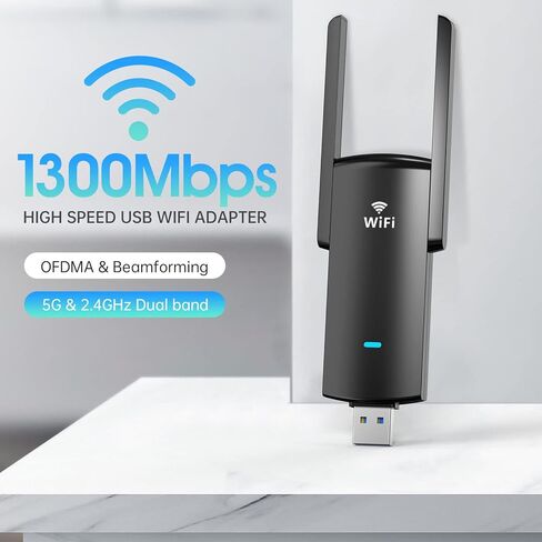 محول USB WiFi بسرعة 1300 ميجابت في الثانية USB 3.0 WiFi Dongle ثنائي النطاق WiFi محول شبكة لاسلكية لأجهزة الكمبيوتر المحمول المكتبية، يدعم Windows 11/10/8.1/8/7، Mac OS 10.9-10.15، هوائيات مزدوجة 5dBi عالية الكسب in Kuwait