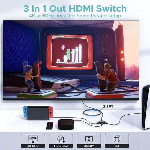 محول HDMI 3 في 1 خارج 4K 60 هرتز، WARRKY كابل نايلون أطول بطول 3.3 قدم، قابس مطلي بالذهب، محول HDMI، موسع منفذ HDMI أحادي الاتجاه 3x1، يدعم HDCP2.2، ثلاثي الأبعاد، HDR لـ Fire Stick، Xbox، PS5/4 /3، التلفاز in Kuwait