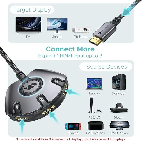 محول HDMI 3 في 1 خارج 4K 60 هرتز، WARRKY كابل نايلون أطول بطول 3.3 قدم، قابس مطلي بالذهب، محول HDMI، موسع منفذ HDMI أحادي الاتجاه 3x1، يدعم HDCP2.2، ثلاثي الأبعاد، HDR لـ Fire Stick، Xbox، PS5/4 /3، التلفاز in Kuwait