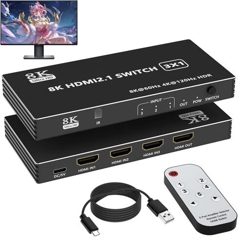 8K HDMI 2.1 Switch 3 in 1 Out، HDMI Switch Splitter 4K @ 120 هرتز / 8K @ 60 هرتز مع جهاز تحكم عن بعد بالأشعة تحت الحمراء، محدد محول HDMI لأجهزة Xbox PS4 PC TV in Kuwait
