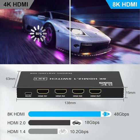 8K HDMI 2.1 Switch 3 in 1 Out، HDMI Switch Splitter 4K @ 120 هرتز / 8K @ 60 هرتز مع جهاز تحكم عن بعد بالأشعة تحت الحمراء، محدد محول HDMI لأجهزة Xbox PS4 PC TV in Kuwait