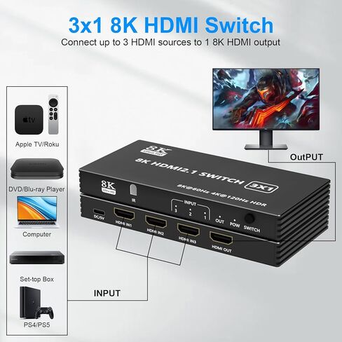 8K HDMI 2.1 Switch 3 in 1 Out، HDMI Switch Splitter 4K @ 120 هرتز / 8K @ 60 هرتز مع جهاز تحكم عن بعد بالأشعة تحت الحمراء، محدد محول HDMI لأجهزة Xbox PS4 PC TV in Kuwait