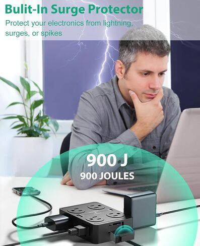 JUOYOU واقي التيار الكهربائي - 8 منافذ متباعدة على نطاق واسع مع 6 منافذ USB (USB C 20W وUSB A 20W)، موسع 3 منافذ جانبية مع سلك تمديد مسطح بطول 5 أقدام in Saudi Arabia