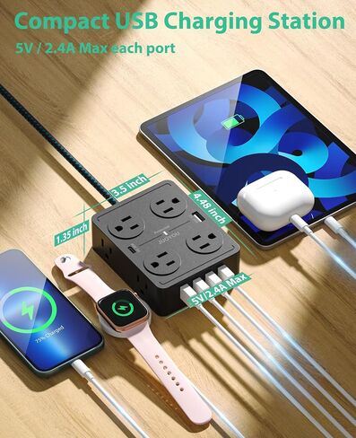 JUOYOU واقي التيار الكهربائي - 8 منافذ متباعدة على نطاق واسع مع 6 منافذ USB (USB C 20W وUSB A 20W)، موسع 3 منافذ جانبية مع سلك تمديد مسطح بطول 5 أقدام in Saudi Arabia