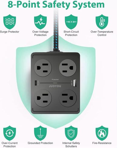 JUOYOU واقي التيار الكهربائي - 8 منافذ متباعدة على نطاق واسع مع 6 منافذ USB (USB C 20W وUSB A 20W)، موسع 3 منافذ جانبية مع سلك تمديد مسطح بطول 5 أقدام in Saudi Arabia