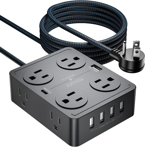 JUOYOU واقي التيار الكهربائي - 8 منافذ متباعدة على نطاق واسع مع 6 منافذ USB (USB C 20W وUSB A 20W)، موسع 3 منافذ جانبية مع سلك تمديد مسطح بطول 5 أقدام in Saudi Arabia