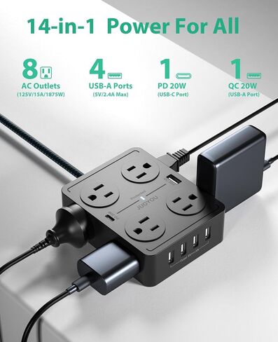 JUOYOU واقي التيار الكهربائي - 8 منافذ متباعدة على نطاق واسع مع 6 منافذ USB (USB C 20W وUSB A 20W)، موسع 3 منافذ جانبية مع سلك تمديد مسطح بطول 5 أقدام in Saudi Arabia