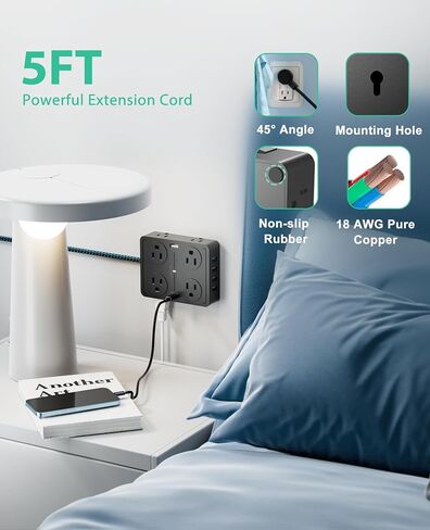 JUOYOU واقي التيار الكهربائي - 8 منافذ متباعدة على نطاق واسع مع 6 منافذ USB (USB C 20W وUSB A 20W)، موسع 3 منافذ جانبية مع سلك تمديد مسطح بطول 5 أقدام in Saudi Arabia