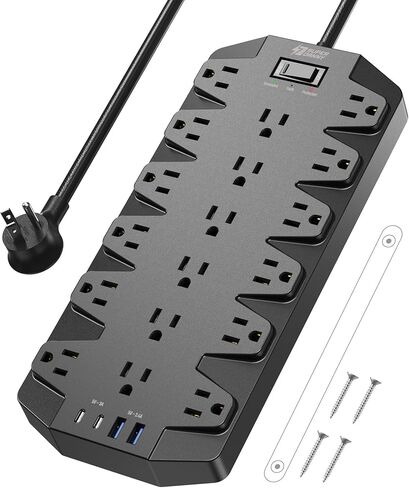 واقي التيار الكهربائي، SUPERDANNY 18 منفذًا مع 2 منافذ USB C + 2 منافذ USB A، 1875 وات/15 أمبير، 2100 جول، سلك تمديد عالي التحمل بطول 6.5 قدم مع منافذ متعددة للمنزل والمكتب والنوم، أبيض in Kuwait