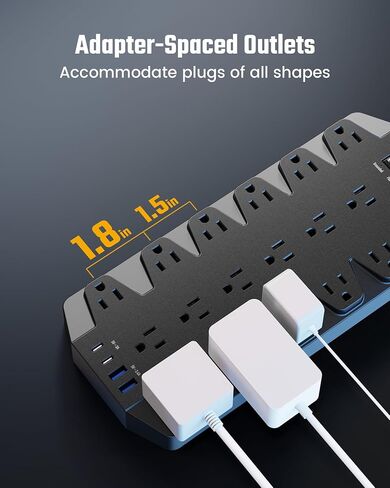 واقي التيار الكهربائي، SUPERDANNY 18 منفذًا مع 2 منافذ USB C + 2 منافذ USB A، 1875 وات/15 أمبير، 2100 جول، سلك تمديد عالي التحمل بطول 6.5 قدم مع منافذ متعددة للمنزل والمكتب والنوم، أبيض in Kuwait