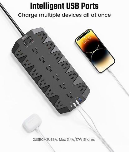 واقي التيار الكهربائي، SUPERDANNY 18 منفذًا مع 2 منافذ USB C + 2 منافذ USB A، 1875 وات/15 أمبير، 2100 جول، سلك تمديد عالي التحمل بطول 6.5 قدم مع منافذ متعددة للمنزل والمكتب والنوم، أبيض in Kuwait