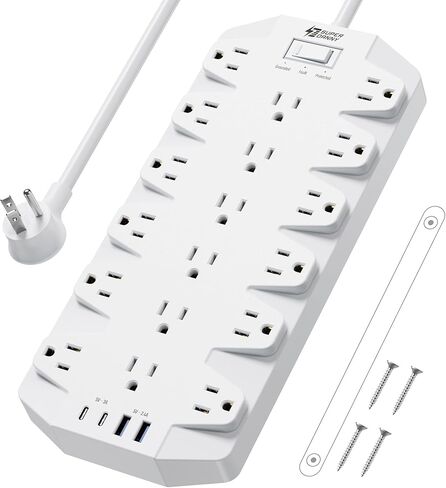 واقي التيار الكهربائي، SUPERDANNY 18 منفذًا مع 2 منافذ USB C + 2 منافذ USB A، 1875 وات/15 أمبير، 2100 جول، سلك تمديد عالي التحمل بطول 6.5 قدم مع منافذ متعددة للمنزل والمكتب والنوم، أبيض in Kuwait