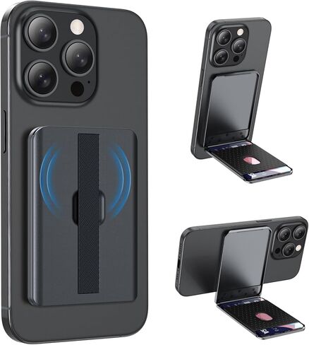 Ciencimy Designed for Magsafe Wallet with Adjustable Dual Mode Stand, Grip Strap, RFID Blocking Slim Aluminum Card Holder for iPhone 15 14 13 Pro Max/Plus (Black) in Kuwait