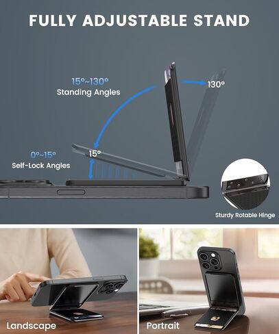 Ciencimy Designed for Magsafe Wallet with Adjustable Dual Mode Stand, Grip Strap, RFID Blocking Slim Aluminum Card Holder for iPhone 15 14 13 Pro Max/Plus (Black) in Kuwait