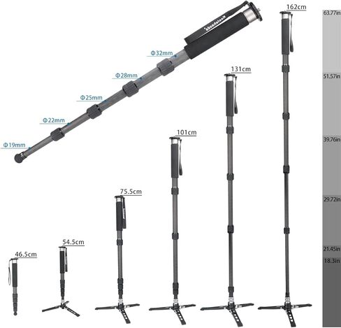 Koolehaoda MPD-325C من ألياف الكربون 64 بوصة كاميرا Monopod مع قاعدة حامل ثلاثي قابلة للإزالة. 5 أقسام للفيديو Monopods لكاميرا Canon Nikon Sony Olympus Panasonic DSLR in Kuwait