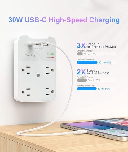 منفذ حائط بمقابس USB، واقي من التيار الزائد مع USB، منفذ توصيل متعدد Huntkey 1080 جول، 6 منافذ توصيل حائط مع منفذي USB in Kuwait