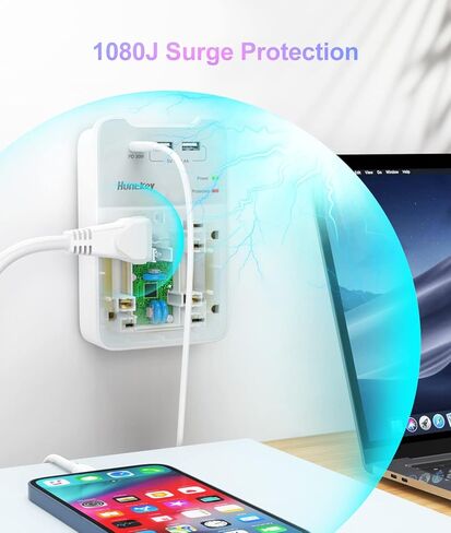 منفذ حائط بمقابس USB، واقي من التيار الزائد مع USB، منفذ توصيل متعدد Huntkey 1080 جول، 6 منافذ توصيل حائط مع منفذي USB in Kuwait