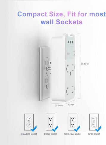 منفذ حائط بمقابس USB، واقي من التيار الزائد مع USB، منفذ توصيل متعدد Huntkey 1080 جول، 6 منافذ توصيل حائط مع منفذي USB in Kuwait
