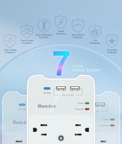 منفذ حائط بمقابس USB، واقي من التيار الزائد مع USB، منفذ توصيل متعدد Huntkey 1080 جول، 6 منافذ توصيل حائط مع منفذي USB in Kuwait
