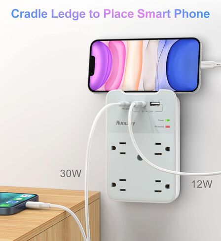 منفذ حائط بمقابس USB، واقي من التيار الزائد مع USB، منفذ توصيل متعدد Huntkey 1080 جول، 6 منافذ توصيل حائط مع منفذي USB in Kuwait