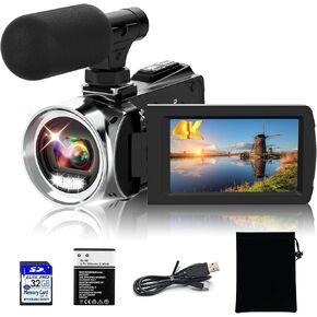 Weochi 4K Ultra HD Camcorder, 48MP 30FPS Video Recorder Digital Camera 3 Inch Flip Screen 18X Digital Zoom, Vlogging Camera for YouTube with Microphone,32GB SD Card and 1 Battery in Kuwait