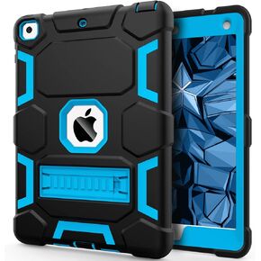 CCMAO Case for iPad 6th/5th Generation (9.7-inch, 2018/2017), iPad Air 2nd Generation Case (2014) with Kickstand, Hybrid Shockproof Protective iPad 9.7 Case for Kids Boys, Black+Sky Blue