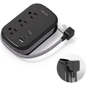 USB C Travel Power Strip, Ultra Flat Extension Cord, Flat Plug Power Strip, 3 Outlets with 3 USB Ports(2 USB C), 3.2ft Wrapped Around Extension Cord for Cruise Ship, Travel Essentials, Black