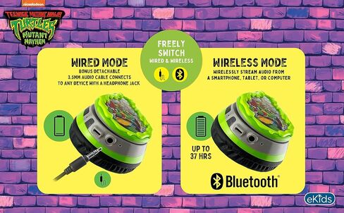 eKids Teenage Mutant Ninja Turtles Wireless Headphones for Kids, Bluetooth Headphones with Microphone Includes Aux Cord, Headphones for School, Home, or Travel in Saudi Arabia