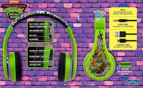 eKids Teenage Mutant Ninja Turtles Wireless Headphones for Kids, Bluetooth Headphones with Microphone Includes Aux Cord, Headphones for School, Home, or Travel in Saudi Arabia