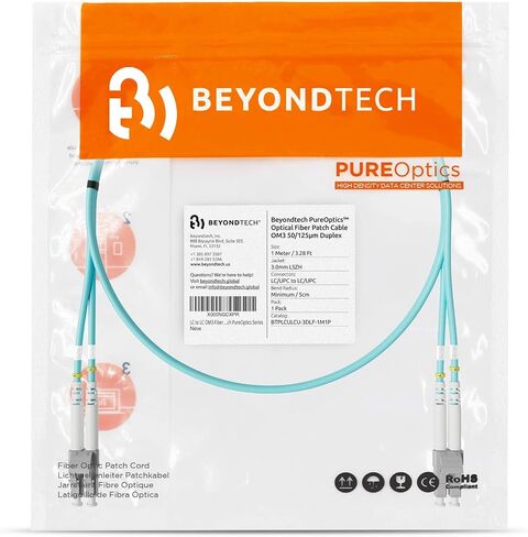 BEYONDTECH 1m (3.28ft) LC to LC Fiber Patch Cable – (2-Pack) UPC Multimode Duplex Fiber Optic Cable – 50/125µm core, Compatible with OM3 – 10G LSZH PUREOptics Series in Kuwait