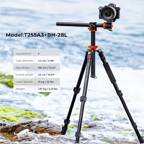 حامل ثلاثي للكاميرا مقاس 73 بوصة / 186 سم من K&F، حامل ثلاثي من الألومنيوم DSLR بعمود مركزي مستعرض مع رأس كروي 360 درجة سعة تحميل 10 كجم، لوحة تحرير سريعة، مونوبود قابل للفصل T255A3+BH-28L in Kuwait