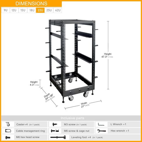 RIVECO 42U 19" Adjustable Depth Server Rack Support Up to 1700LBS Floor Standing 4 Post Rack with L Rails & Load-Bearing Casters Universal for Network Equipment Black in Kuwait