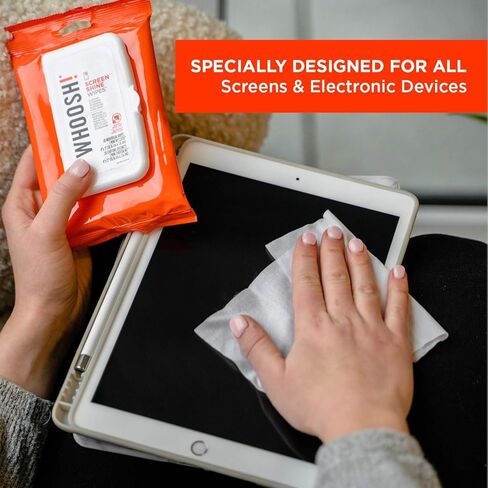 ووش! مناديل الكترونية لتنظيف الشاشة - لجميع الشاشات والاجهزة التقنية؛ الهواتف الذكية، ايباد، نظارات النظارة، القراء الالكتروني، الشاشات التي تعمل باللمس والتلفزيونات (20 قطعة مع قطعة قماش صغيرة) in Kuwait