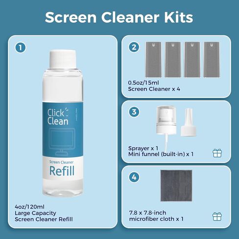 CLICK CLEAN Screen Cleaner Kits - 2 All-in-One Mist Cleaner with 4 oz Refill, 1 Microfiber Cloth(7.8 x 7.8in), 1 Mini Funnel, and 1 Sprayer - for All Phones, Laptop and Tablet Screens in Saudi Arabia