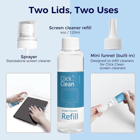 CLICK CLEAN Screen Cleaner Kits - 2 All-in-One Mist Cleaner with 4 oz Refill, 1 Microfiber Cloth(7.8 x 7.8in), 1 Mini Funnel, and 1 Sprayer - for All Phones, Laptop and Tablet Screens in Saudi Arabia