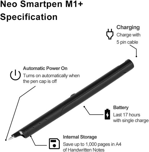 Neo Smartpen M1+ للأندرويد والأيفون والكمبيوتر المحمول | رقمنة الكتابة اليدوية | مزامنة بلوتوث في الوقت الحقيقي، الكتابة اليدوية إلى نسخ النص، التصدير إلى البريد الإلكتروني والمستندات (أسود) in Kuwait